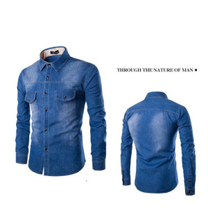 Fashion Mens Denim Shirt Long Sleeve Plus Size Cotton Jeans Cardigan Casual Slim Fit Shirts Men Two-pocket Tops Clothing M-6XL