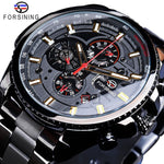 Forsining Three Dial Calendar Display Black Stainless Steel Men Automatic Wrist Watch Top Brand Luxury Military Sport Male Clock