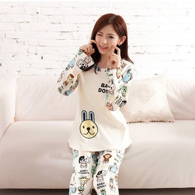 JULY'S SONG Women Pajamas Set Spring Autumn New Thin Cartoon Printed Long Sleeve Cute Sleepwear Casual Homewear Female Pyjamas