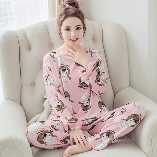 JULY'S SONG Women Pajamas Set Spring Autumn New Thin Cartoon Printed Long Sleeve Cute Sleepwear Casual Homewear Female Pyjamas