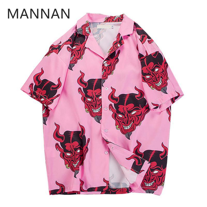 MANNAN Men Devil Full Printing Turn-down Collar Casual Shirts Men 2018 Summer High Street Men's Shirts Pink /Purple