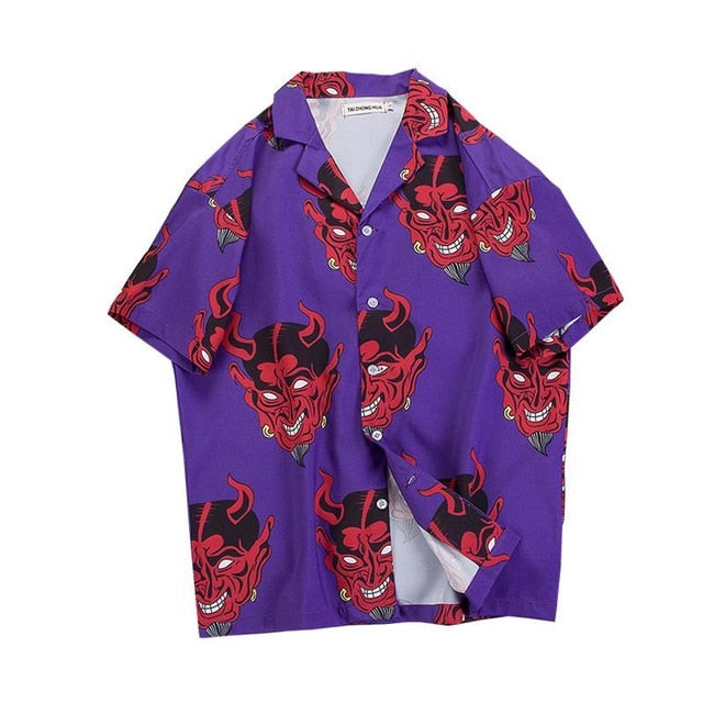 MANNAN Men Devil Full Printing Turn-down Collar Casual Shirts Men 2018 Summer High Street Men's Shirts Pink /Purple