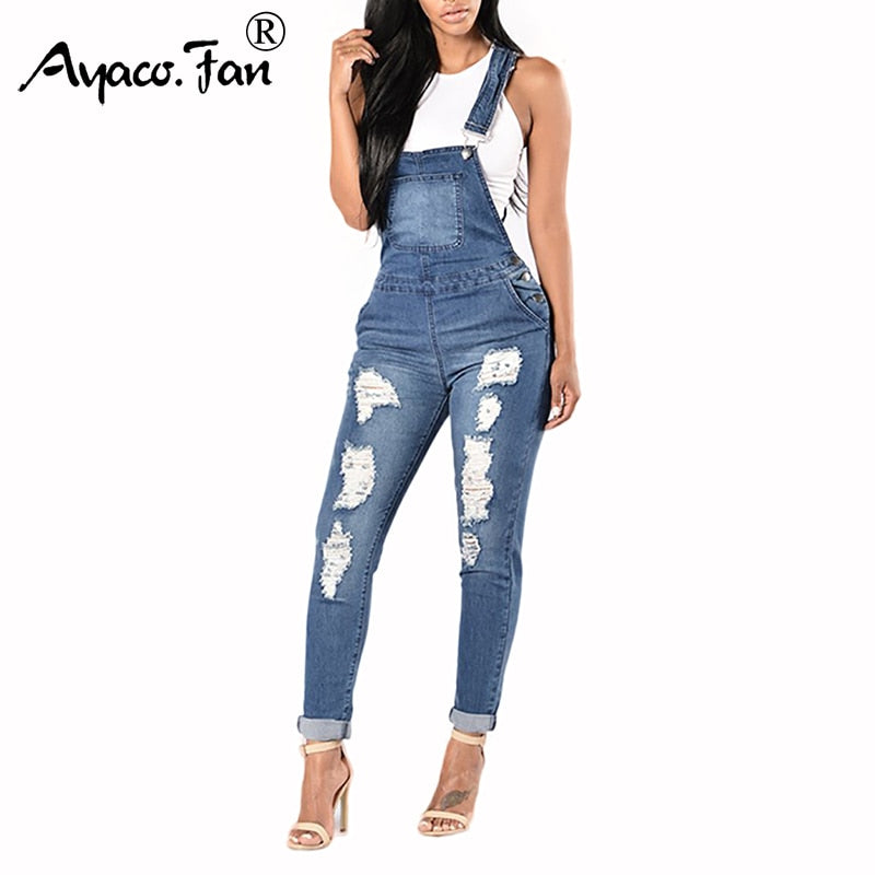 Women Slim Rompers 2019 New Spring Cowboy Overalls Cool Denim Pencil Pants Ripped Holes Lady Casual Jeans Sleeveless Jumpsuits