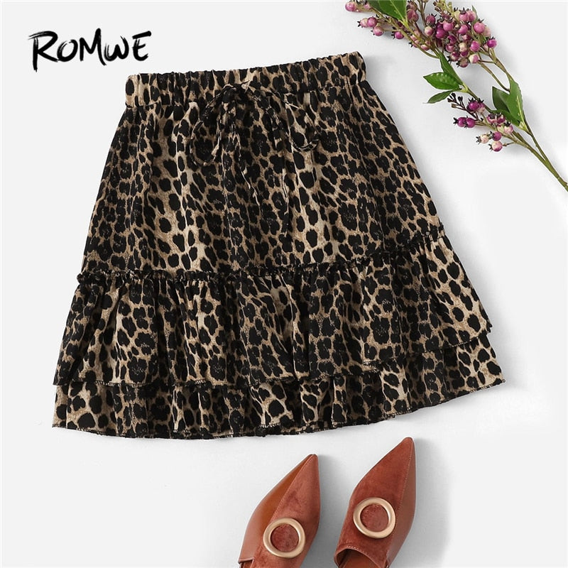 ROMWE Drawstring Waist Layered Leopard Skirt 2019 Sexy Mid Waist Ruffle Hem Mini Skirt Summer A Line Women Shift Skirts