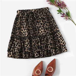 ROMWE Drawstring Waist Layered Leopard Skirt 2019 Sexy Mid Waist Ruffle Hem Mini Skirt Summer A Line Women Shift Skirts