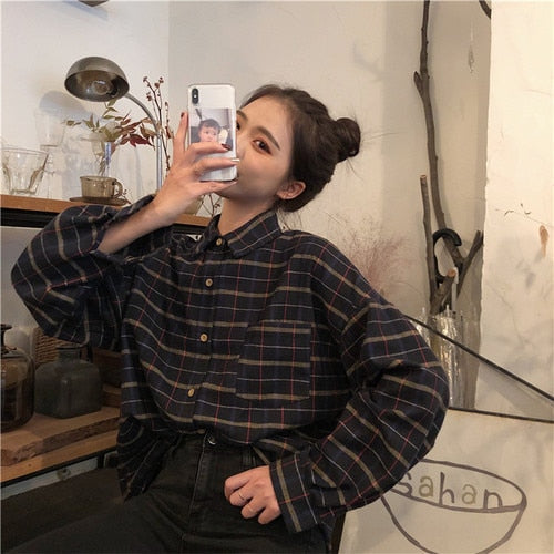 Simple Vintage Plaid Loose All Match Korean Style College Wind Fashion Female Women Long Sleeve Shirts