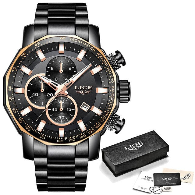 LIGE New Mens Watches Top Brand Luxury Full Steel Sport Chronograph Waterproof Big Dial Watch Men Quartz Clock Relogio Masculino