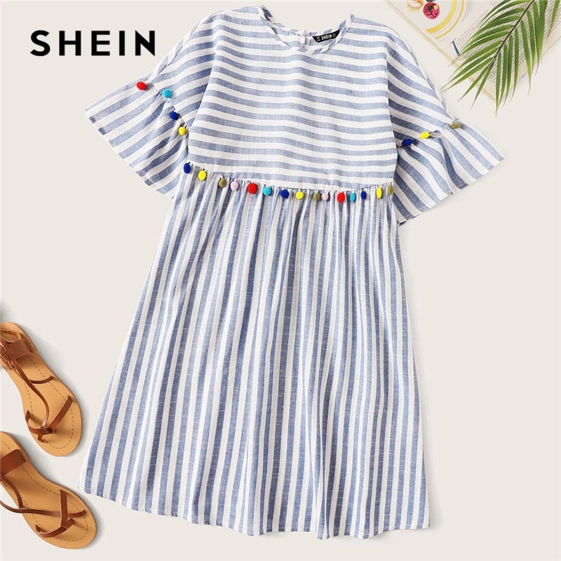 SHEIN Boho Cute Blue Colorful Pompom Detail Striped Smock Summer Dress Women High Waist Short Tunic Straight Dresses