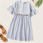 SHEIN Boho Cute Blue Colorful Pompom Detail Striped Smock Summer Dress Women High Waist Short Tunic Straight Dresses