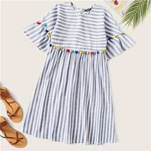 SHEIN Boho Cute Blue Colorful Pompom Detail Striped Smock Summer Dress Women High Waist Short Tunic Straight Dresses