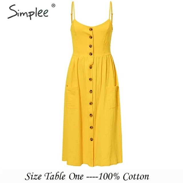 Simplee Elegant button women dress Pocket polka dots yellow cotton midi dress Summer casual female plus size lady beach vestidos