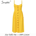 Simplee Elegant button women dress Pocket polka dots yellow cotton midi dress Summer casual female plus size lady beach vestidos