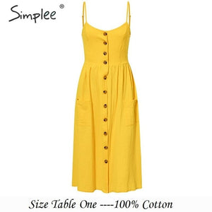 Simplee Elegant button women dress Pocket polka dots yellow cotton midi dress Summer casual female plus size lady beach vestidos