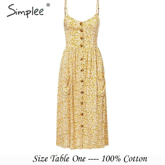 Simplee Elegant button women dress Pocket polka dots yellow cotton midi dress Summer casual female plus size lady beach vestidos