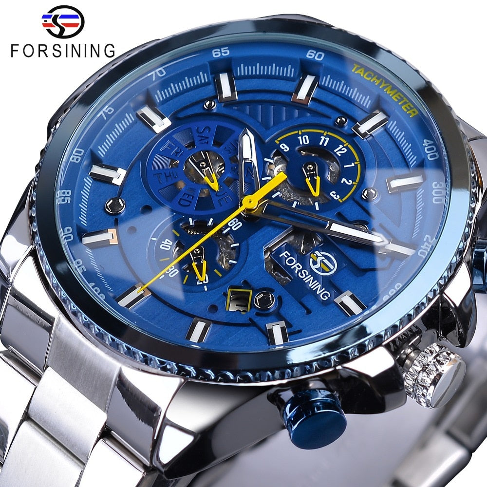 Forsining Blue Ocean Design Silver Steel 3 Dial Calendar Display Mens Automatic Mechanical Sport Wrist Watches Top Brand Luxury