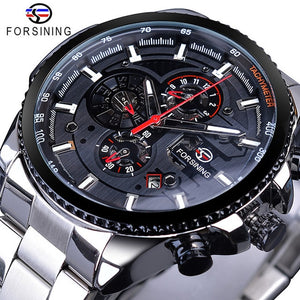 Forsining Blue Ocean Design Silver Steel 3 Dial Calendar Display Mens Automatic Mechanical Sport Wrist Watches Top Brand Luxury