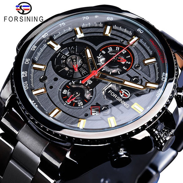 Forsining Blue Ocean Design Silver Steel 3 Dial Calendar Display Mens Automatic Mechanical Sport Wrist Watches Top Brand Luxury