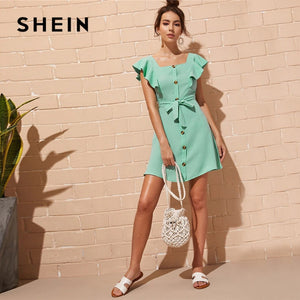 SHEIN Button Front Self Tie Shirt Mini Dress Women Cute Square Neck Solid Summer Dress High Waist Ruffle Trim Short Dress