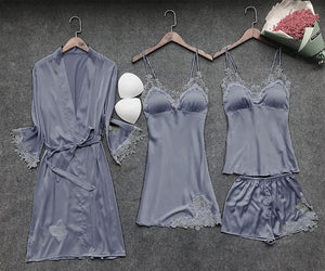 Sexy Women's Robe & Gown Sets Lace Bathrobe + Night Dress 4 Four Pieces Sleepwear Womens Sleep Set Faux Silk Robe Femme Lingerie