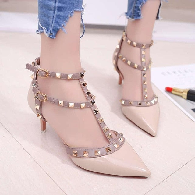 Pumps 2019 Women's Shoes Summer Fashion Female Sandals Rivet Metal Decoration Pu Leather Style Women High Heels Zapatos De Mujer