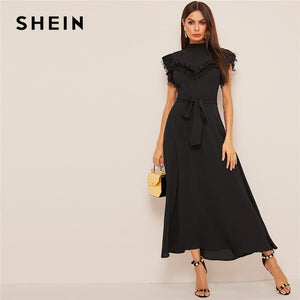 SHEIN Layered Ruffle Detail Belted Fit And Flare Dress 2019 Stand Collar Sleeveless Black Solid Women Spring Autumn Dresses