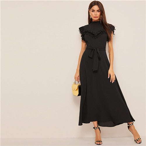 SHEIN Layered Ruffle Detail Belted Fit And Flare Dress 2019 Stand Collar Sleeveless Black Solid Women Spring Autumn Dresses