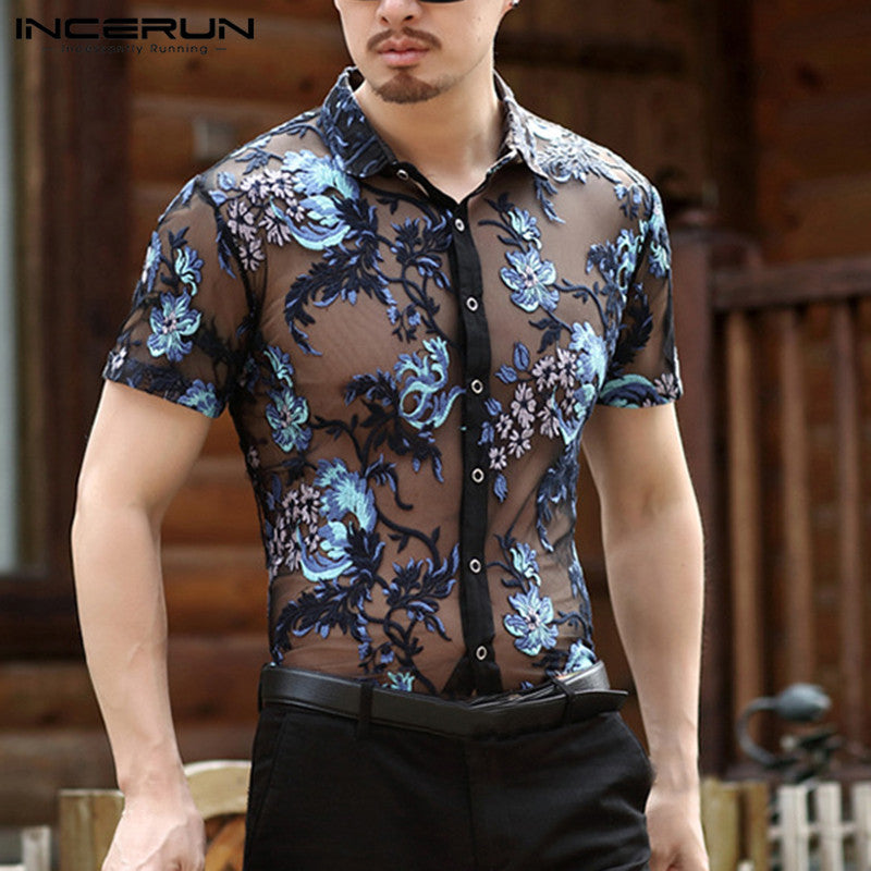 INCERUN Fashion Men's Shirt Short Sleeve Flower Embroidered Mesh Sexy Shirt Men See Through Slim Fit Transparent Lace Shirt Tops