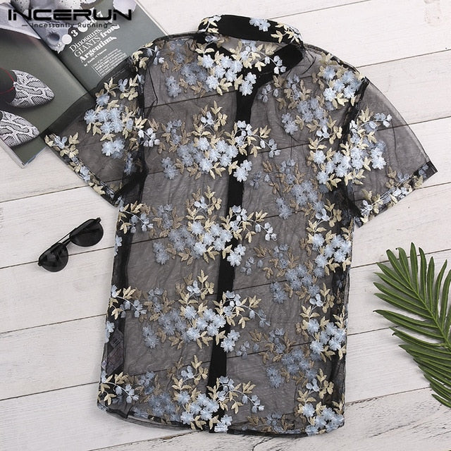 INCERUN Fashion Men's Shirt Short Sleeve Flower Embroidered Mesh Sexy Shirt Men See Through Slim Fit Transparent Lace Shirt Tops