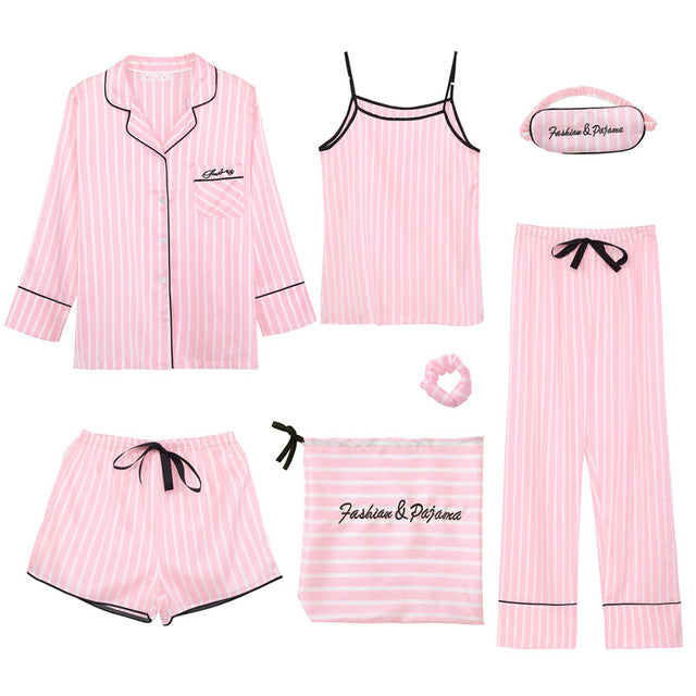 JULY'S SONG Pink Women's 7 Pieces Pajamas Sets Emulation Silk Striped Pajamas Women Sleepwear Sets Spring Summer Autumn Homewear