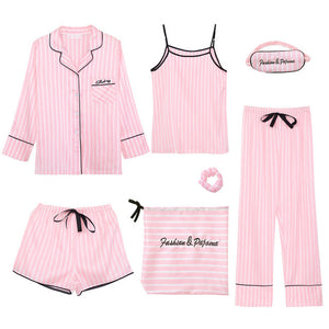 JULY'S SONG Pink Women's 7 Pieces Pajamas Sets Emulation Silk Striped Pajamas Women Sleepwear Sets Spring Summer Autumn Homewear