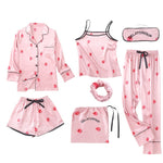 JULY'S SONG Pink Women's 7 Pieces Pajamas Sets Emulation Silk Striped Pajamas Women Sleepwear Sets Spring Summer Autumn Homewear