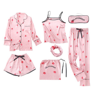 JULY'S SONG Pink Women's 7 Pieces Pajamas Sets Emulation Silk Striped Pajamas Women Sleepwear Sets Spring Summer Autumn Homewear