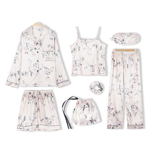 JULY'S SONG Pink Women's 7 Pieces Pajamas Sets Emulation Silk Striped Pajamas Women Sleepwear Sets Spring Summer Autumn Homewear