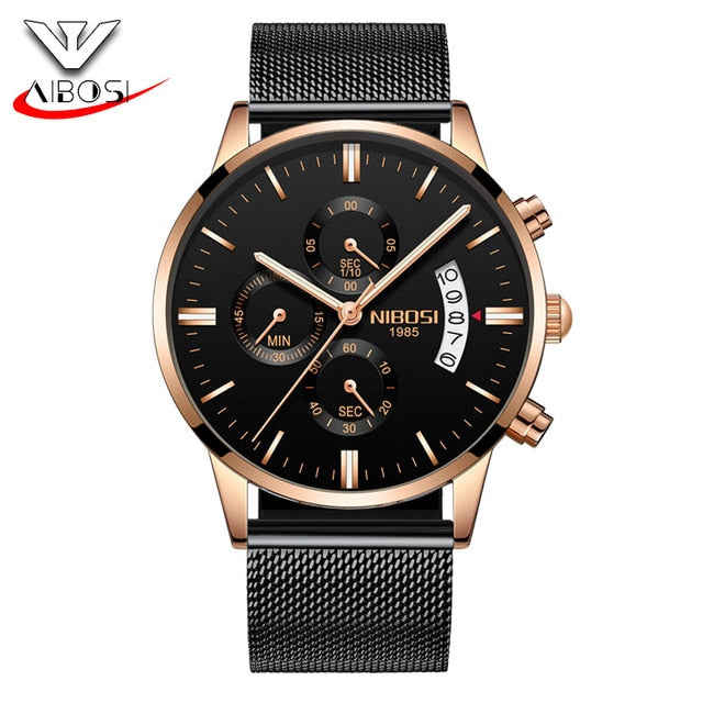 Nibosi Butterfly Snap Button Solid Steel Men's Watch Waterproof Coating Glass Luminous Three-Eyed 6 Needle Quartz Watch