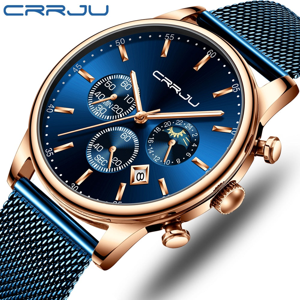 CRRJU New Blue Casual Mesh Belt Fashion Quartz Gold Watch Mens Watches Top Brand Luxury Waterproof Clock Relogio Masculino