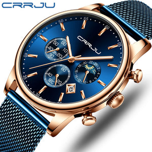 CRRJU New Blue Casual Mesh Belt Fashion Quartz Gold Watch Mens Watches Top Brand Luxury Waterproof Clock Relogio Masculino