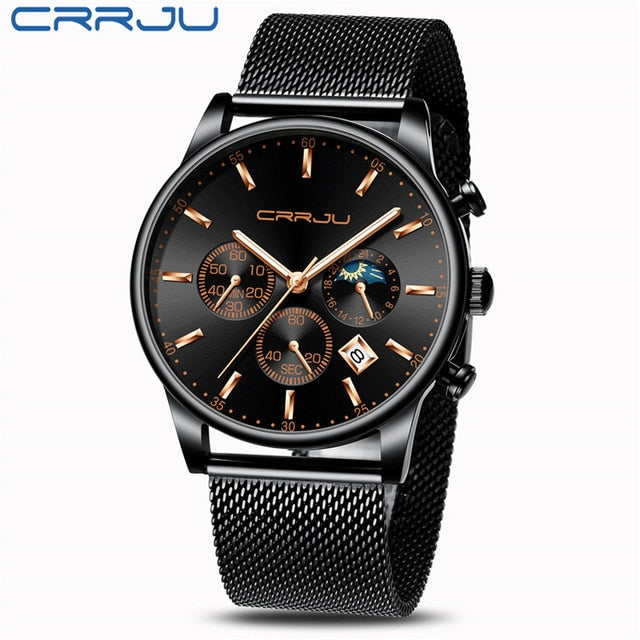 CRRJU New Blue Casual Mesh Belt Fashion Quartz Gold Watch Mens Watches Top Brand Luxury Waterproof Clock Relogio Masculino