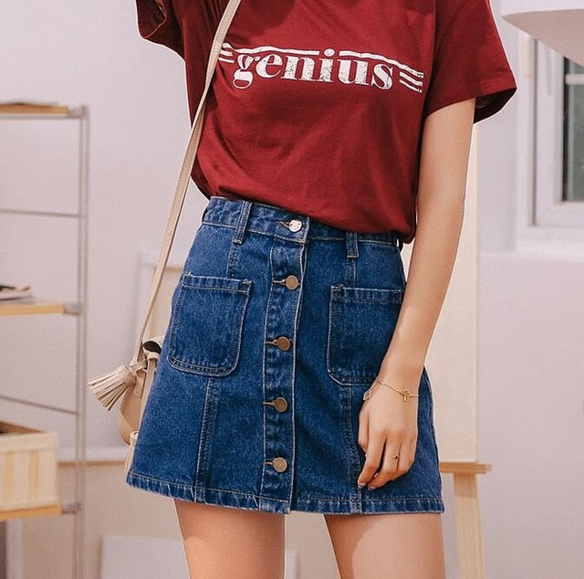 Denim Skirt High Waist A-line Mini Skirts Women 2019 Summer New Arrivals Single Button Pockets Blue Jean Skirt Style Saia Jeans