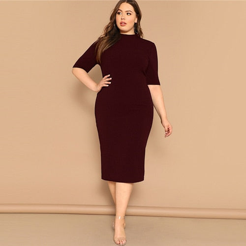 SHEIN Classy Black Plus Size Mock-neck Solid Pencil Slim Dress Women Spring Office Lady Bodycon Basics Plus Size Long Dresses